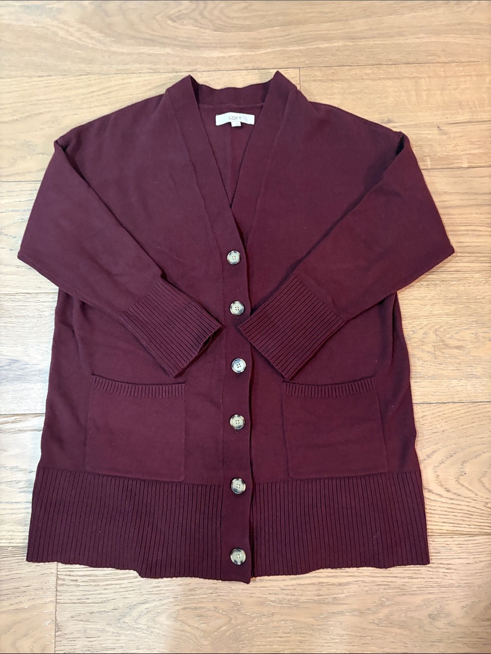 LOFT Maroon Button-Front V-Neck Cardigan